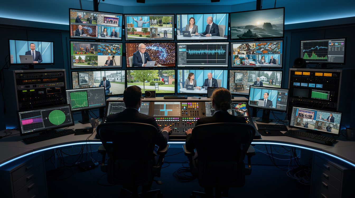 Broadcast control room with multiple monitors during live coverage