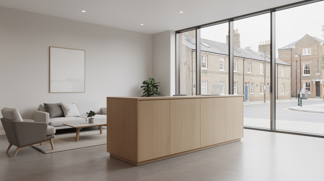 Bright modern office reception area with seating