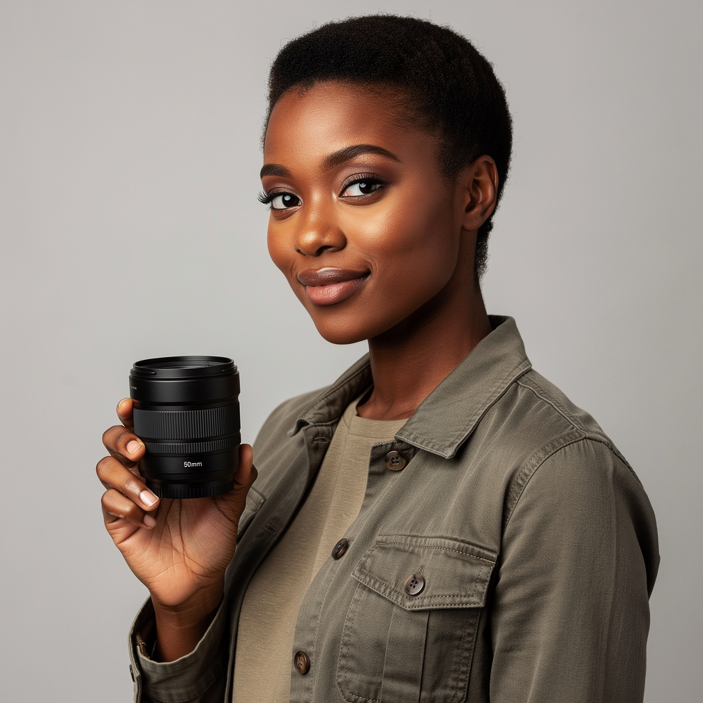 Portrait of a woman camera operator holding a lens
