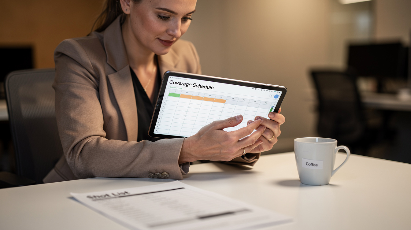 Producer reviewing a coverage schedule on a tablet at a desk
