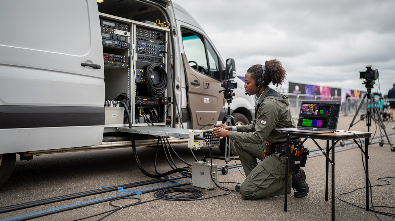 Outside broadcast van with cables connecting to a field camera position