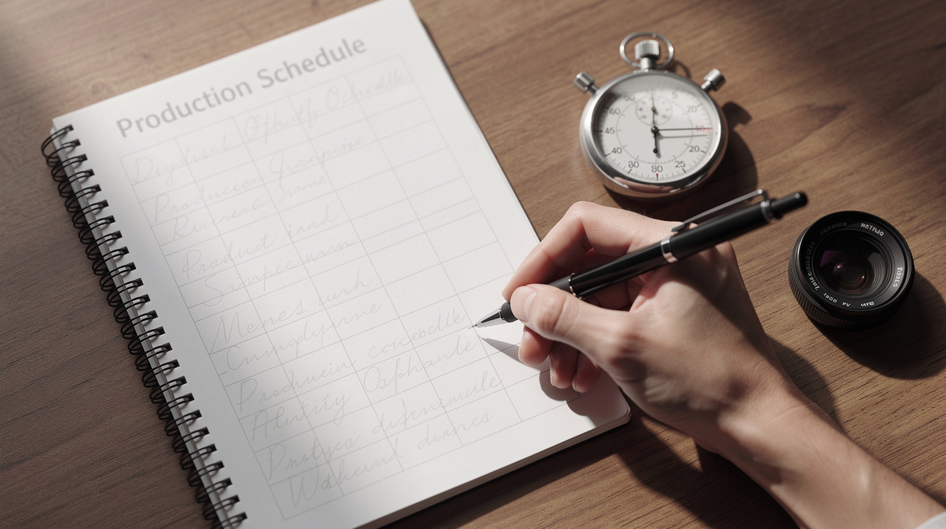 Hand writing in a production schedule notebook with a pen