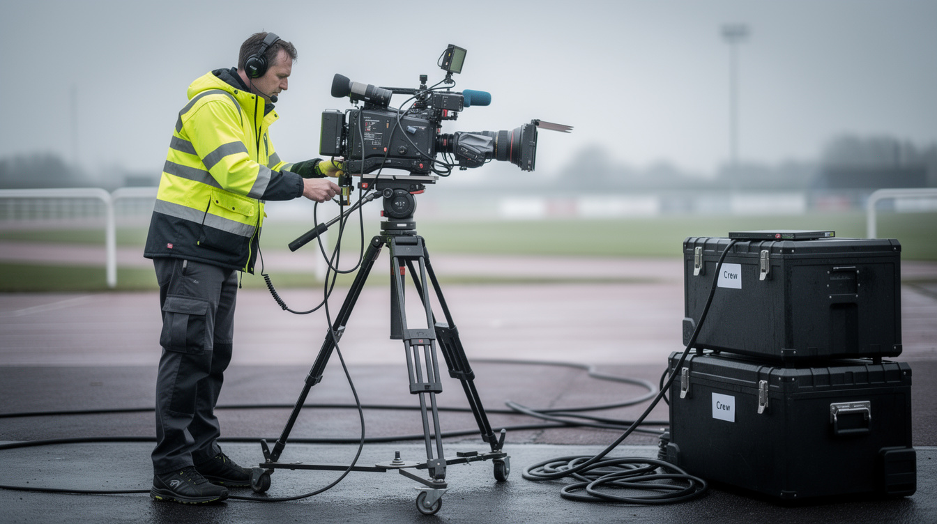 Camera operator setting up a broadcast camera on a tripod at an outdoor venue